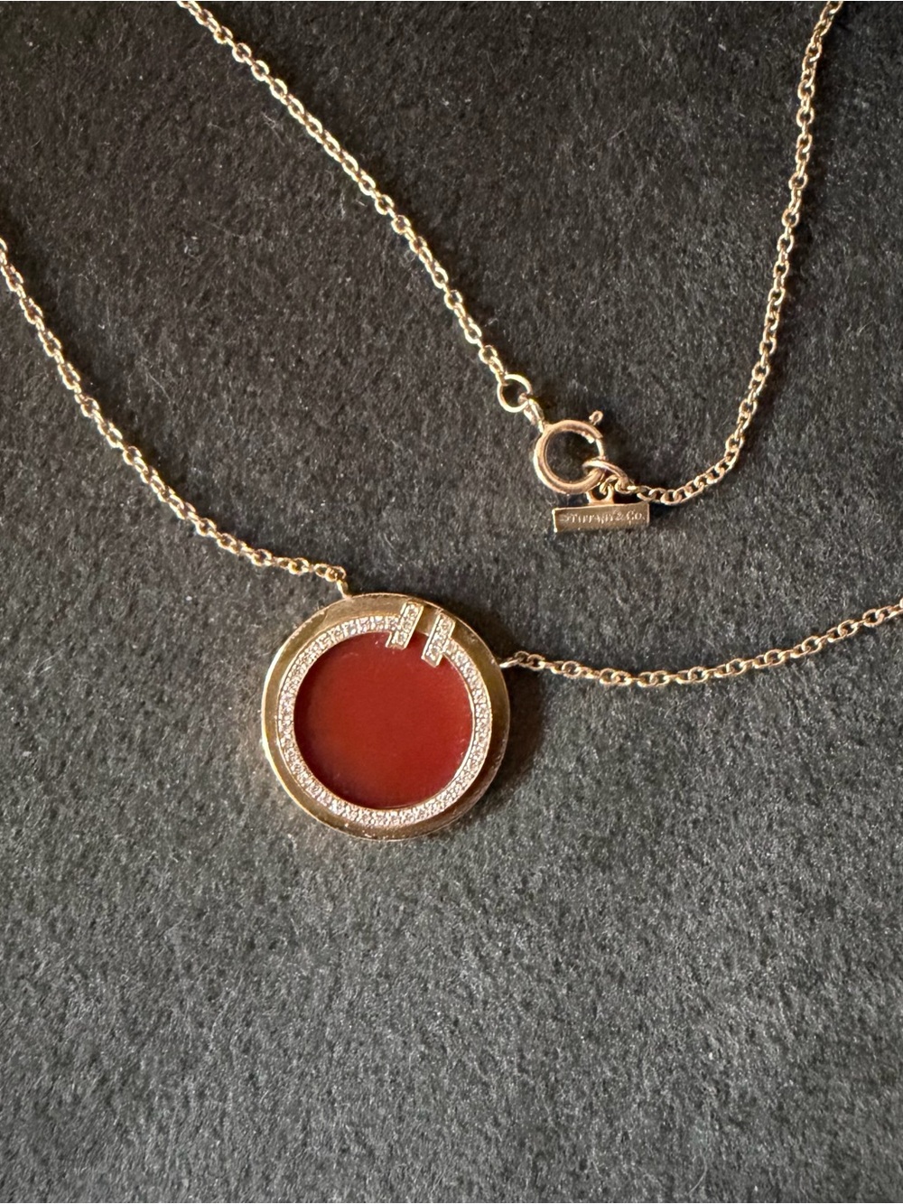 ♥️Tiffany & Co. 18K Gold Necklace with Carnelian Circular, Diamond Pavé 🩵